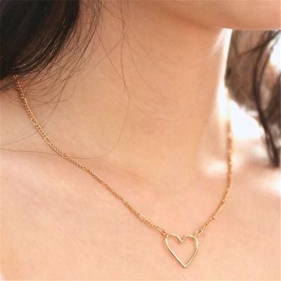 Figaro Chain and Heart Outline Necklace in 18K Gold Plated