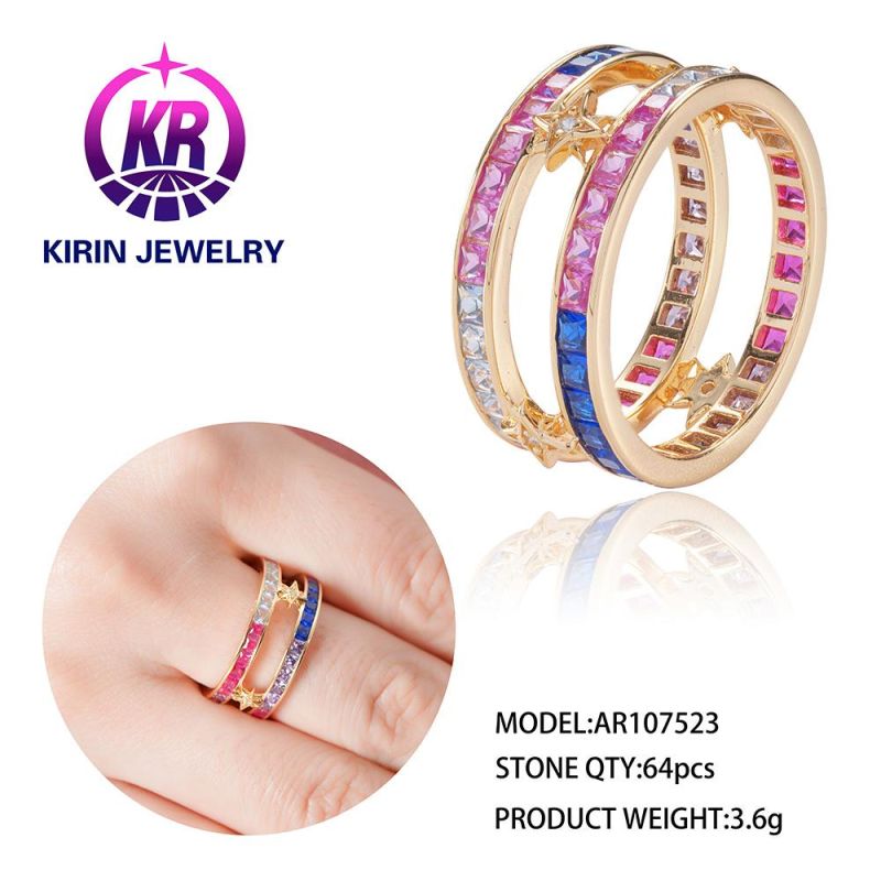 Rainbow Crystal Multi Color Zircon CZ Ring S925 Baguette Ring 925 Sterling Silver Ring Two Row Rainbow Eternity Rings for Women