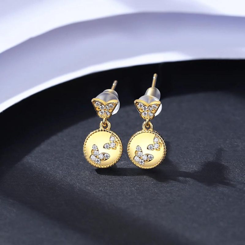 Design Gold Plated Shining Butterfly CZ S925 Silver Stud Earrings