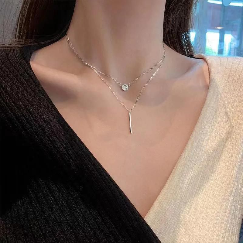 Silver Long Strip Flashing Diamond Round Double Necklace Ladies Clavicle Chain Jewelry