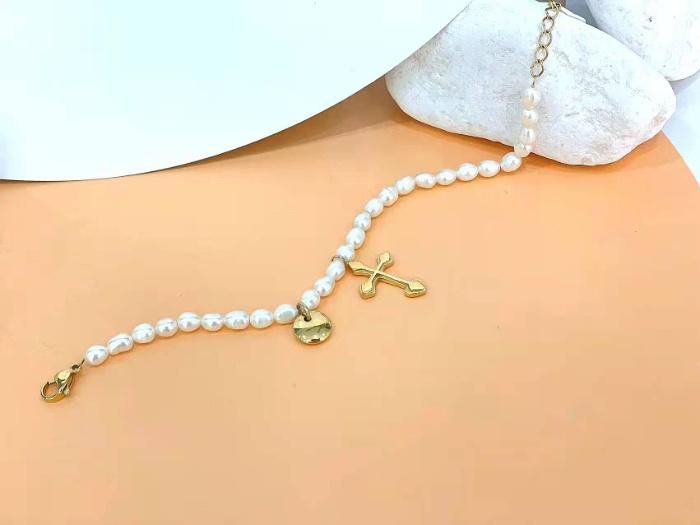 Wholesale Stainless Steel Gold Plated Christian Cross Pendant Pearl Necklaces for Ladies