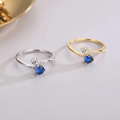 Blue Zircon Opening Adjustable Ring Fashion S925 Sterling Silver Gold-Plated Gemstone Ring Jewelry