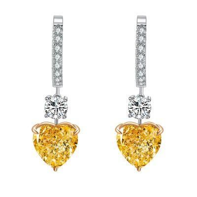 S925 Silver Jewelry Heart Shaped Simulated Yellow Pink High Carbon Diamond Dangle Earrings for Women