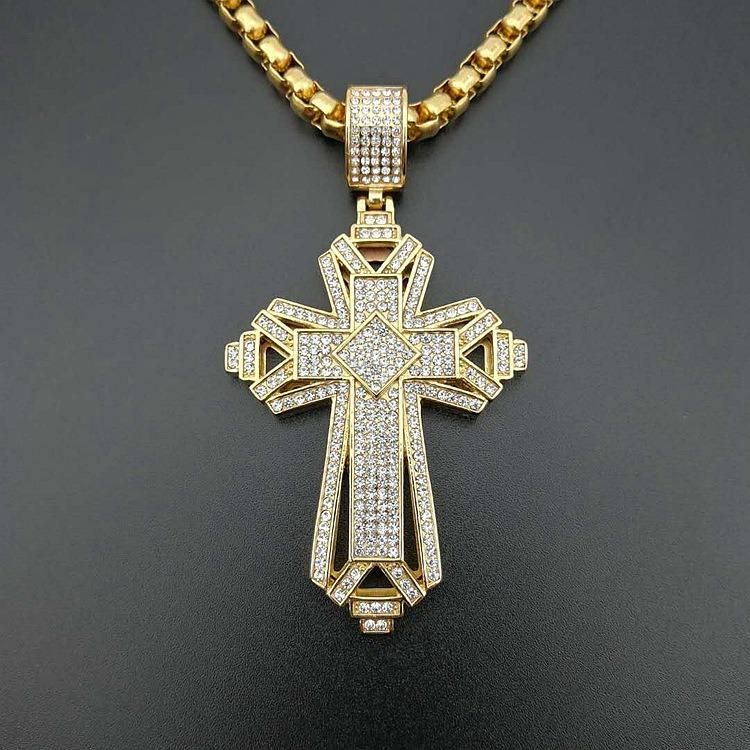 Titanium Steel Color Gold Plated Full Diamond Cross Pendant Necklace