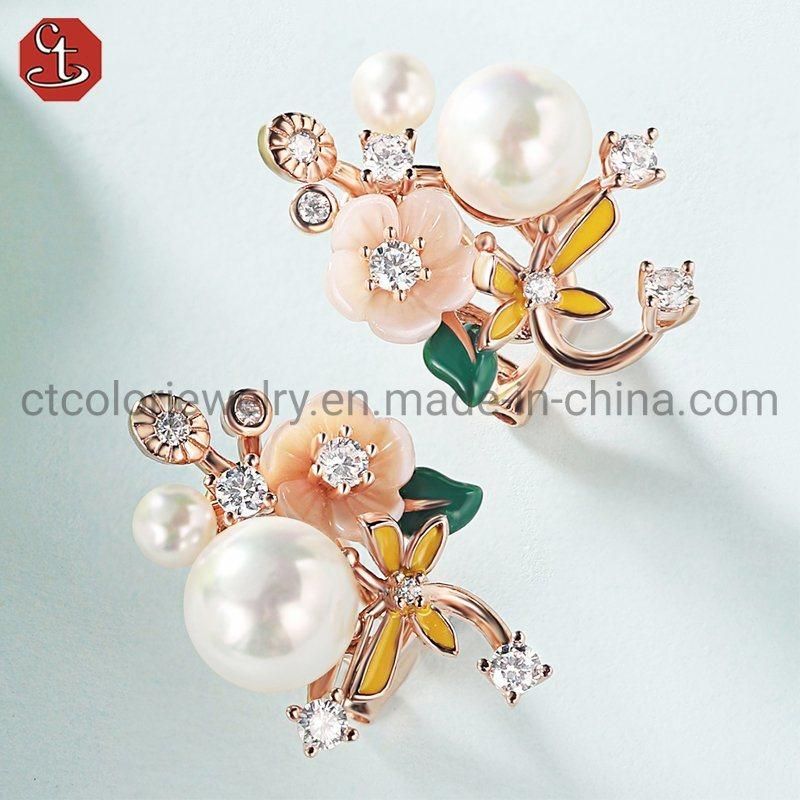 High Quality Fashion Jewelry 925 Sterling Silver Enamel Flower Pearl Mop Earring