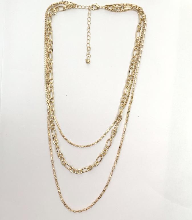 3 Rows Multiple Layered 18K Gold Plated Necklace with Box Chain Link Chain Zigzag Chain