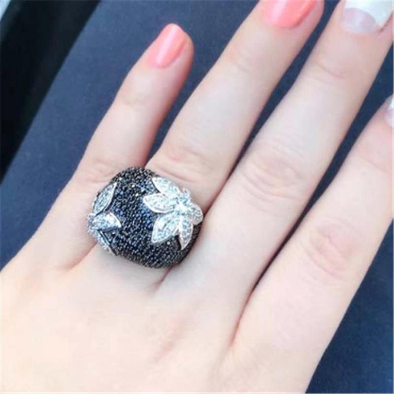 Vintage Exaggerated Flower Micro-Inlaid Zircon Ring Female Full Black Crystal Rings