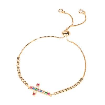 Cute Design Hot Selling Colorful CZ Diamond Cross Charm Copper Beads Adjustable Bracelet