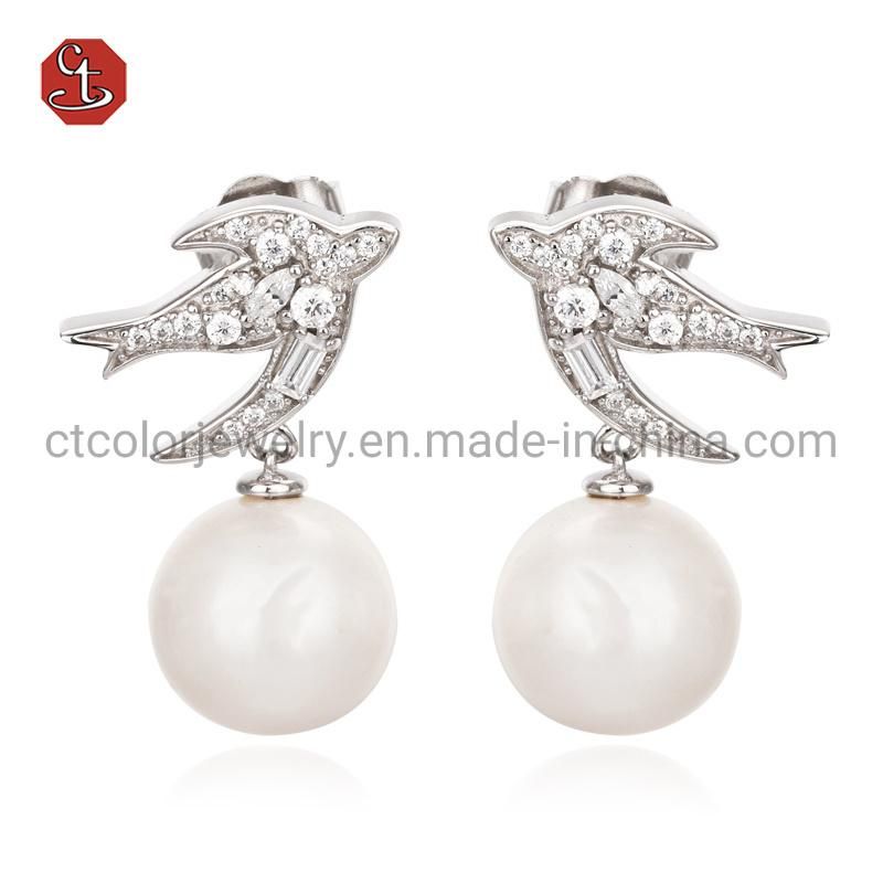 925 Sterling Silver and rass Fashion Jewelry Pearl Earrings for Jewelry Design bird Shape Shell Pearl Stud Earring