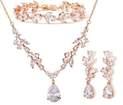 Rose Gold CZ Earring Bracelet Necklace Jewelry Set. Bridal Wedding CZ Jewelry Set