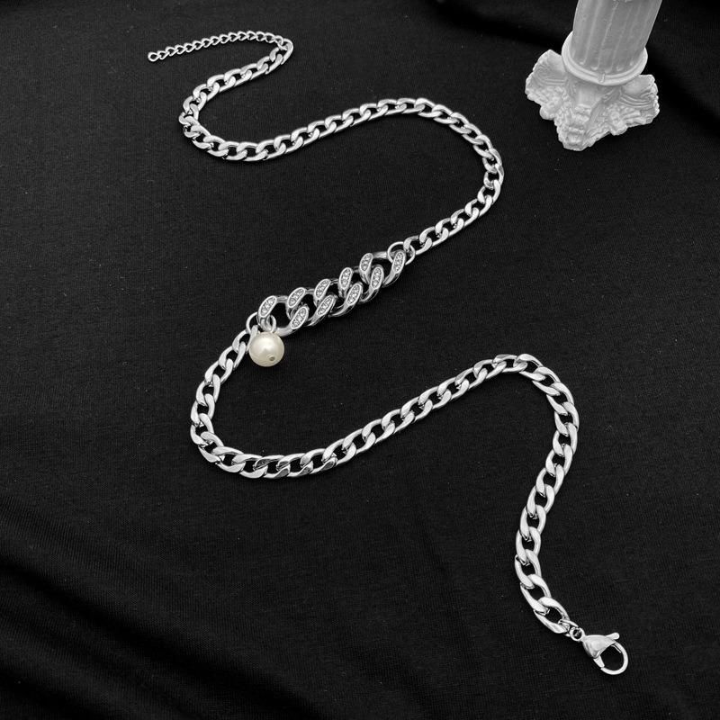High Quality Stainless Steel Men Fashion Necklace Jewelry Cuban Diamond-Studded Pearl Stitching Hip-Hop Simple Couple Retro Necklace