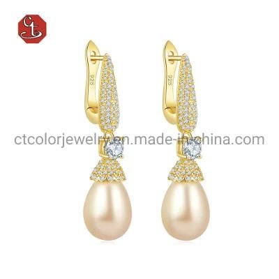 Women Fashion Silver Jewelry 14K 18K Gold Plated CZ Pearl Hoop Huggie Earring