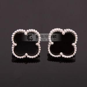 Lucky Leaf Black Enamel Design Silver Earring