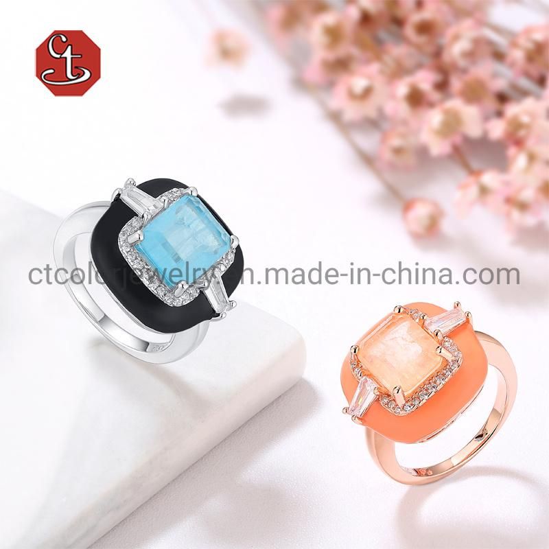 Fashion Jewelry  Design 925 Silver Colored Square Stone Enamel Jewelry Ring