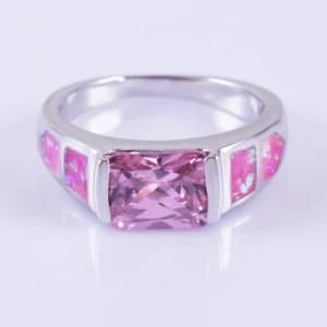 Created Pink Fire Opal with Pink CZ Stone Lady Ring