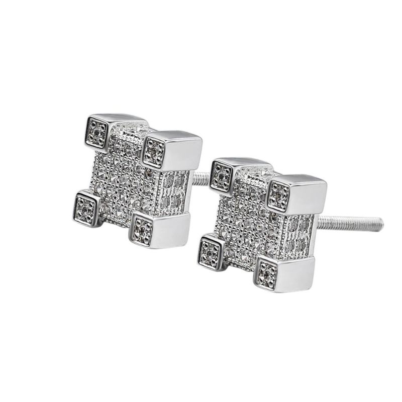 Square 925 Silver Inlaid Zircon Hip Hop Earrings