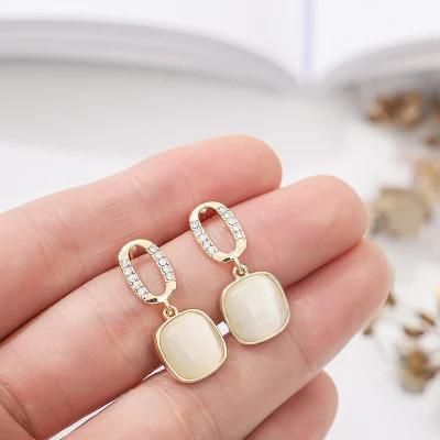 Romantic High Quality Luxury Charming Rectangle Cat Eye Pave Rectangle Stud Earrings for Women Jewelry