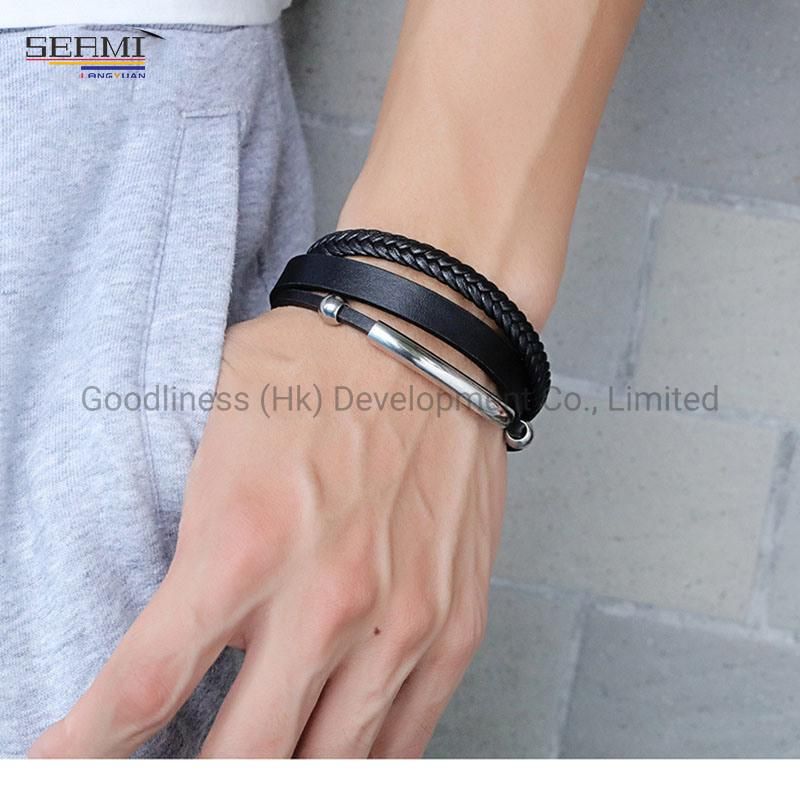 Fashion Stainless Steel Luxury Brand Gold Bangle Mens Leather Bracelet