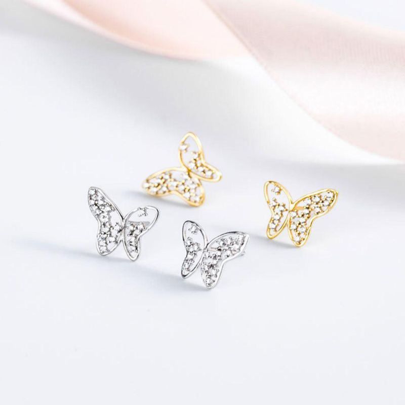 Fashion Jewelry Hollow Butterfly with Zircon Stud Earrings Real 925 Sterling Silver Earrings for Women