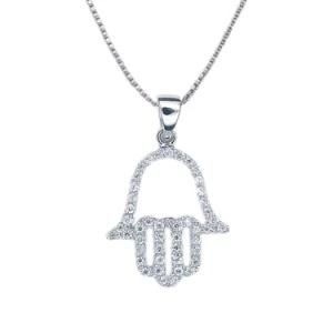925 Sterling Silver Women Hamsa Jewish White CZ Pendant Necklace