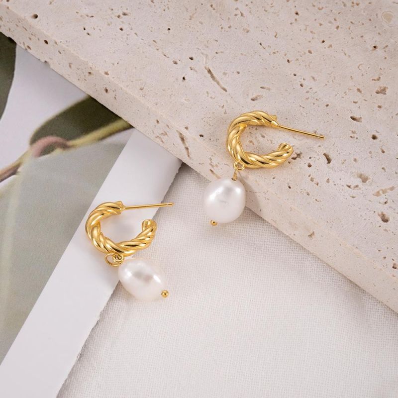 New Fashion 18K Gold Plated Drop Earing Jewelry 925 Sterling Silver Irregular Freshwater Baroque Pearls Hoop Earrings for Women