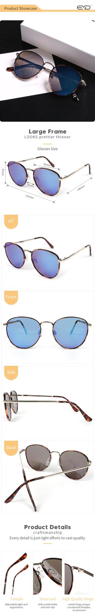 UV 400 Polarized Light Sunglasses Custom Blue Round Metal Sunglasses Women Eyewear