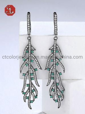 Trendy 925 Sterling Silver CZ Pave Green Prong Longe Leaf Dangle Earring Jewelry