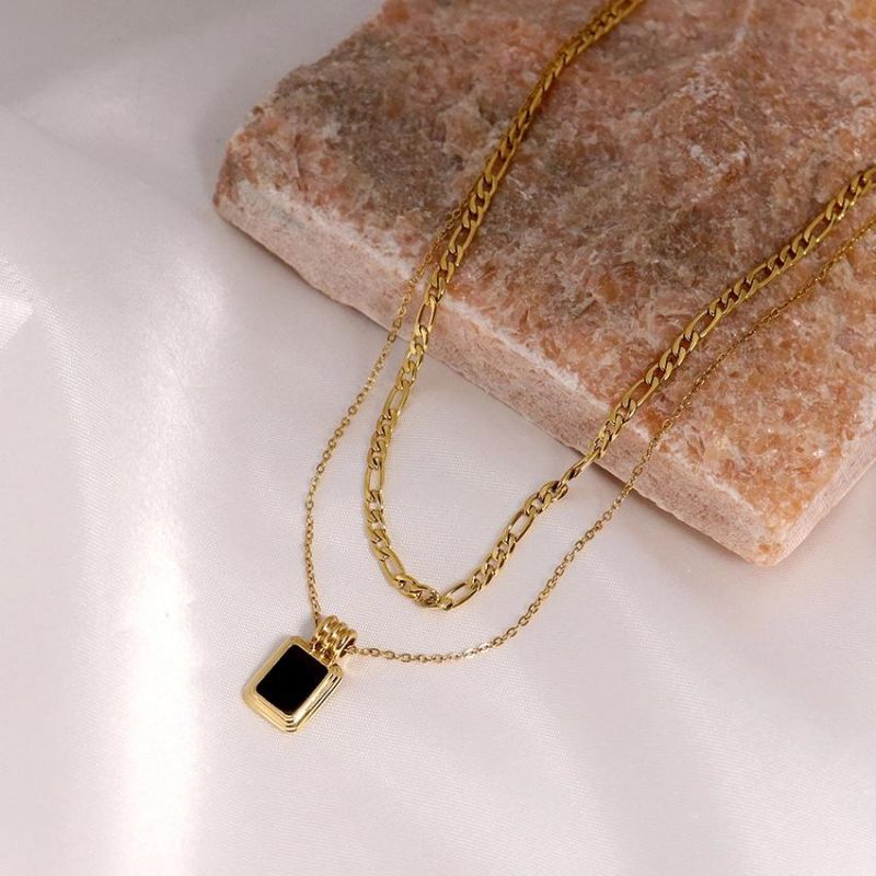 Enamel Stainless Steel Gold Plated Black Diamond Square Necklace