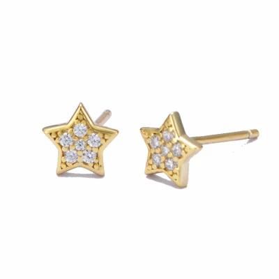 2022 New 925 Sterling Silver Ins Minimalist Small Shiny Star Shape with CZ Gold Plated Stud Earrings for Women