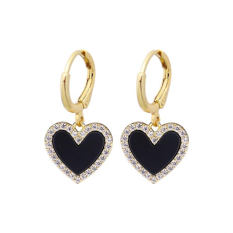 Black Epoxy Enamel Pave Crystal Glass Stones Heart Shape Huggie Earrings for Lady Women Accessories