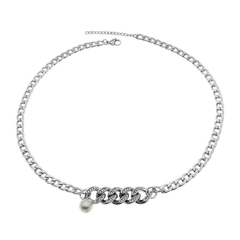 High Quality Stainless Steel Men Fashion Necklace Jewelry Cuban Diamond-Studded Pearl Stitching Hip-Hop Simple Couple Retro Necklace