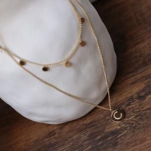 Wholesale Custom Personalized Engraved Logo Letter C Round Disc Coin Pendant 14K Gold Long 2 Layered Necklace