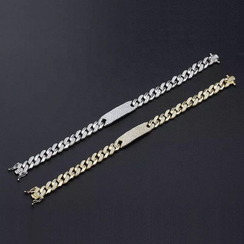 Fashion Hip-Hop Bracelet 18K Gold Plated Diamond Iced out Cuban Link Chain 925 Silver Bracelet with Buckle for Men and Women