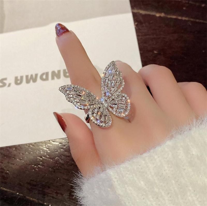 Women Rings Butter-Fly Shape Zircon Silver Plated Open Rings Fashion Glamour Engagement Rings Birthday Gift for Girlfriend