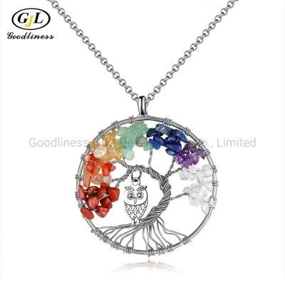 Owl Pendant Colorful Crystal Gravel Tree of Life Necklace