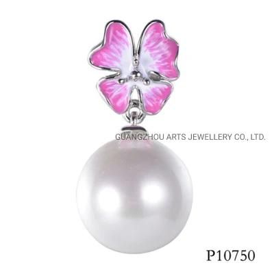 Pink Enamel Flower with a Drop Pearl Silver Pendant