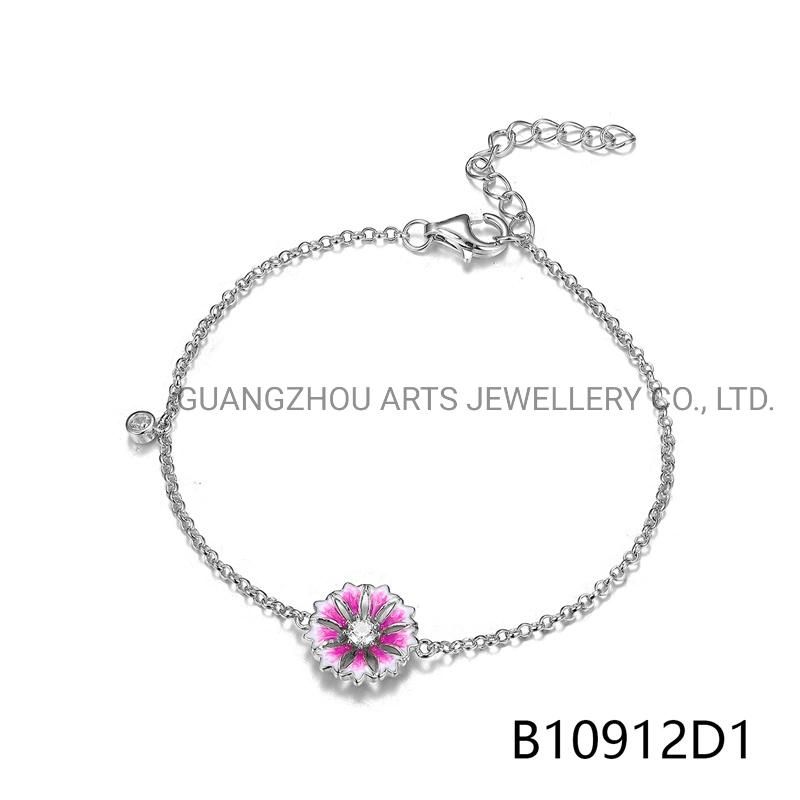 925 Sterling Silver Cute Sweet Dazzling Pink CZ Flower Bracelet