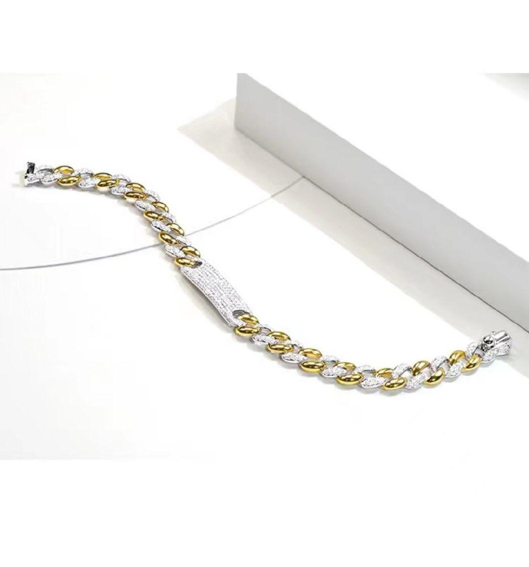Fashion Hip-Hop Bracelet 18K Gold Plated Diamond Iced out Cuban Link Chain 925 Silver Bracelet with Buckle for Woman