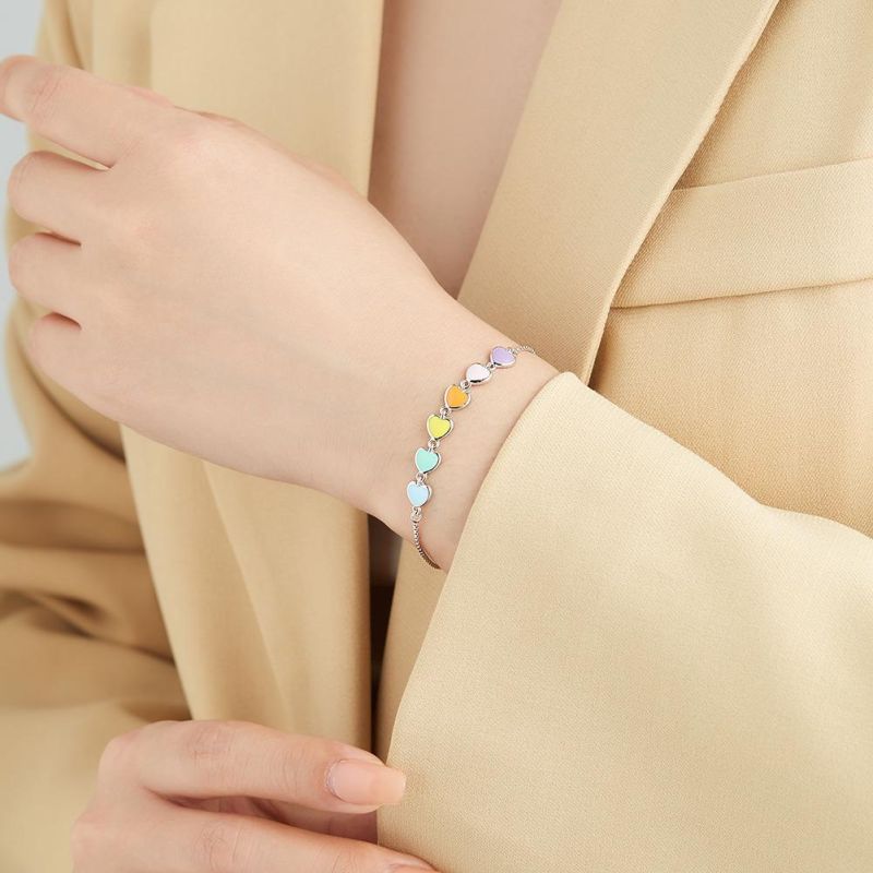 925 Sterling Silver Rainbow Heart Bracelet Heart-Shaped Girls Bracelet