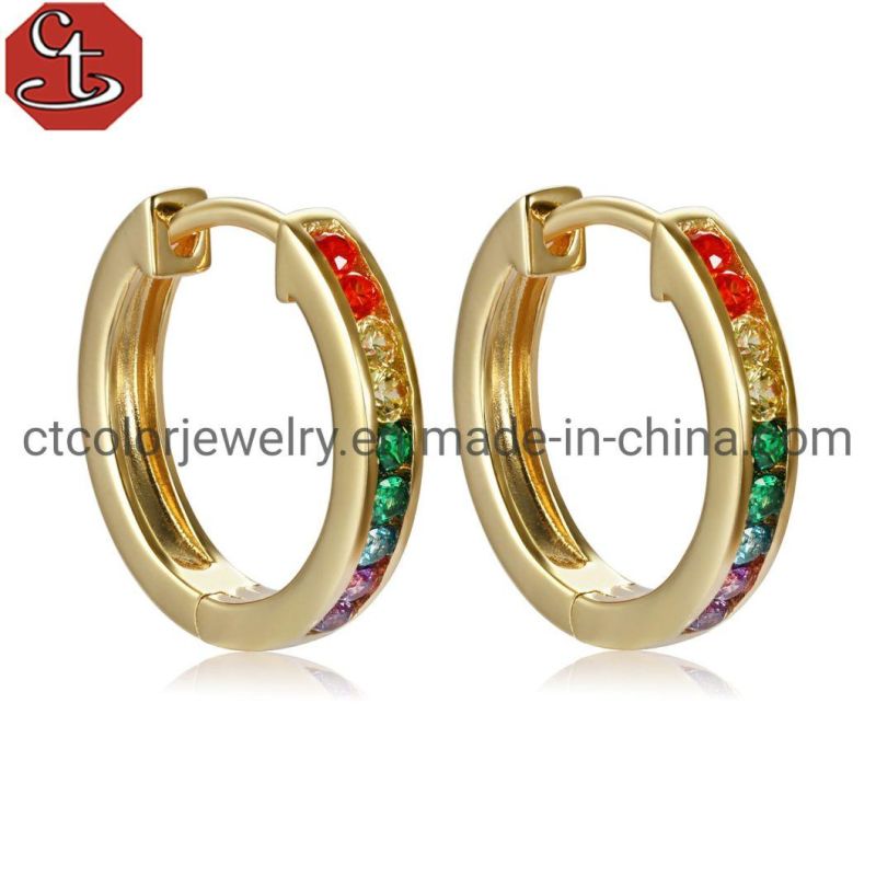 Wholesale Fashion 925 Silver Rose Plated Rainbow CZ Huggie Hoop Earrings