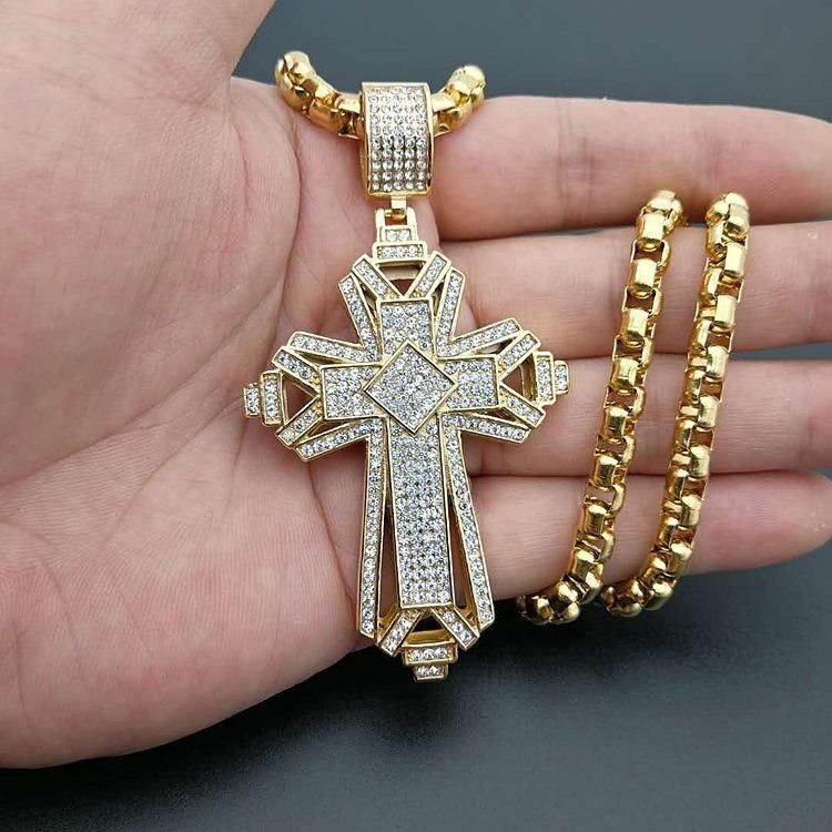 Titanium Steel Color Gold Plated Full Diamond Cross Pendant Necklace