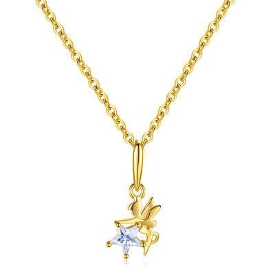 925 Sterling Silver Elves Shape Angel Zircon Star Pendant 14K Gold Plated Clavicle Chain Necklace Women Jewelry