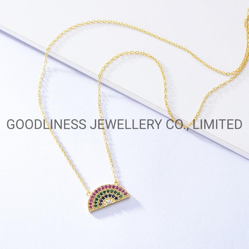 Fashion Gemstone Bitthstone Women Gold CZ Rainbow Pendant Rhinestone Necklace