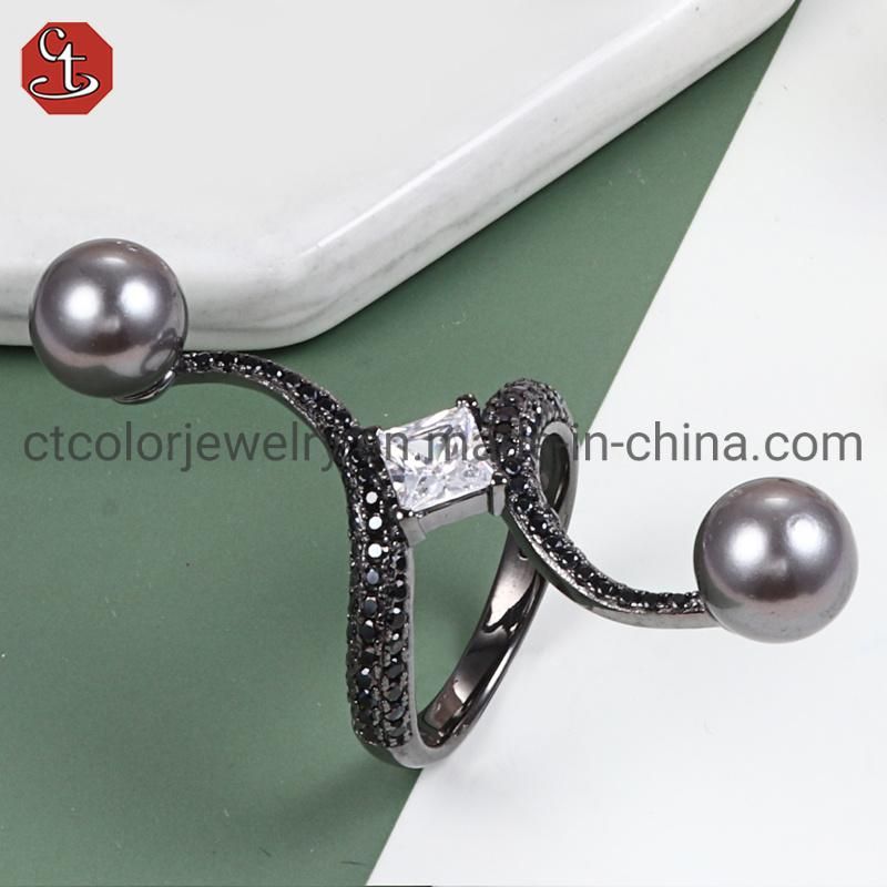 Wholesale Price 925 Silver Black Plating Shell Pearl Fashion Ring