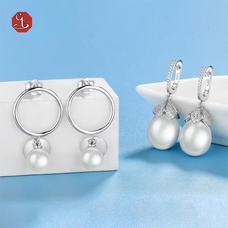 925 Sterling Silver Fashion Jewelry Pearl Round CZ Stud Earrings