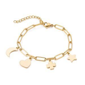 Cross Paper Clip Chain Heart Star Moon Pendant Lucky Women Girl Stainless Steel Charm Bracelet