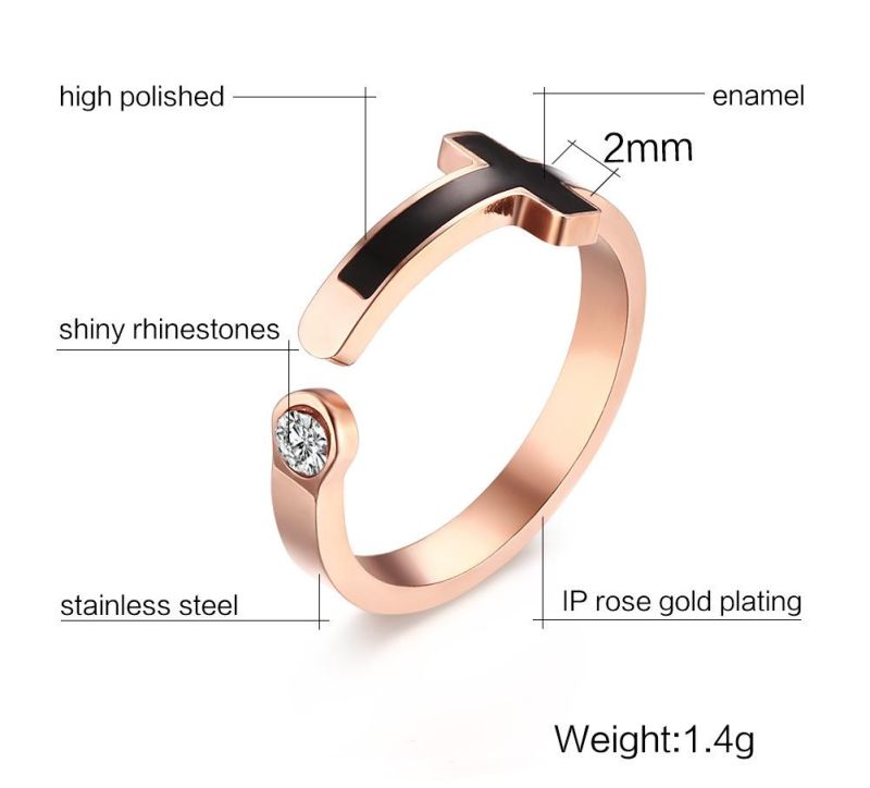 Fashion Enamel Cross with Crystal Opening Size Ring for Women