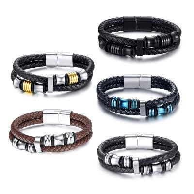 Euramerican Style Jewelry Woven Leather Rope Stainless Steel Leather Bracelet Men&prime;s Bracelet