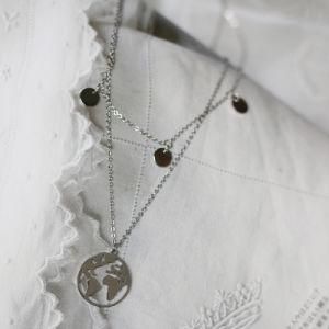 Hollow Peace Earth Disc World Map Pendant 2 Double Layered Necklace Gold Plated Stainless Steel 18K Rose Gold Color Link Chain