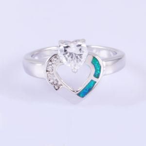 Double Heart Love White CZ with Blue Fire Opal Ring